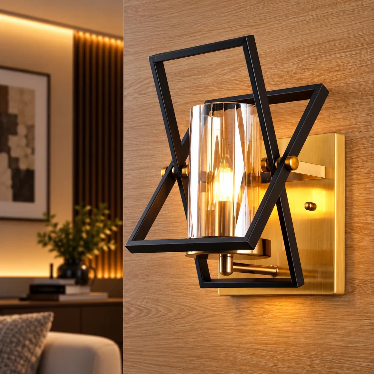 أبليك جداري أسود بإطار هندسي ولمسات ذهبية