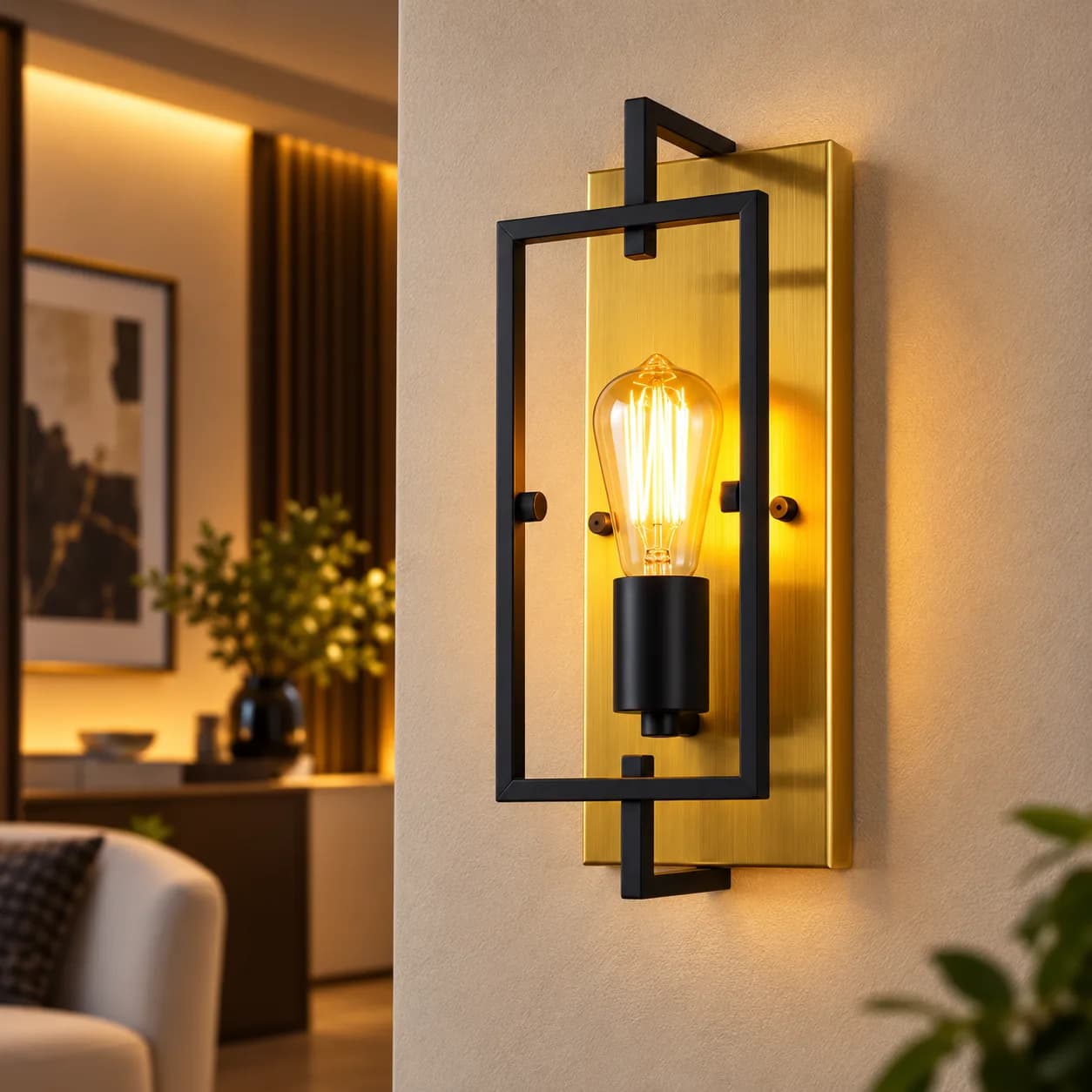 أبليك جداري بإطار هندسي أسود ولوح ذهبي